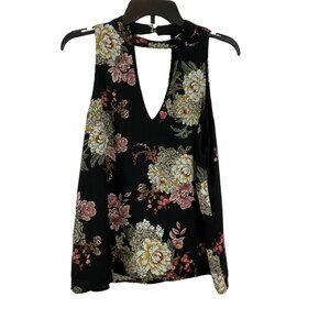 Nine Britton Women Black Floral Sleeveless Keyhole Blouse Size L